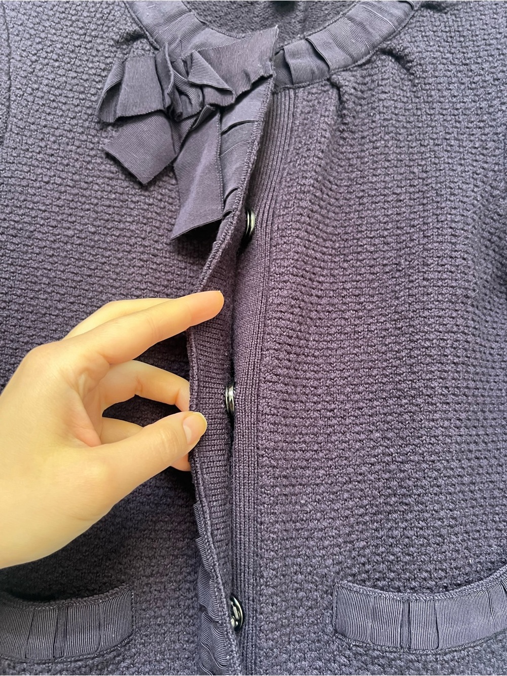 EUC Ann Taylor Plum Knit Cardigan with Neck Bow and pockets size medium - Picture 7 of 9